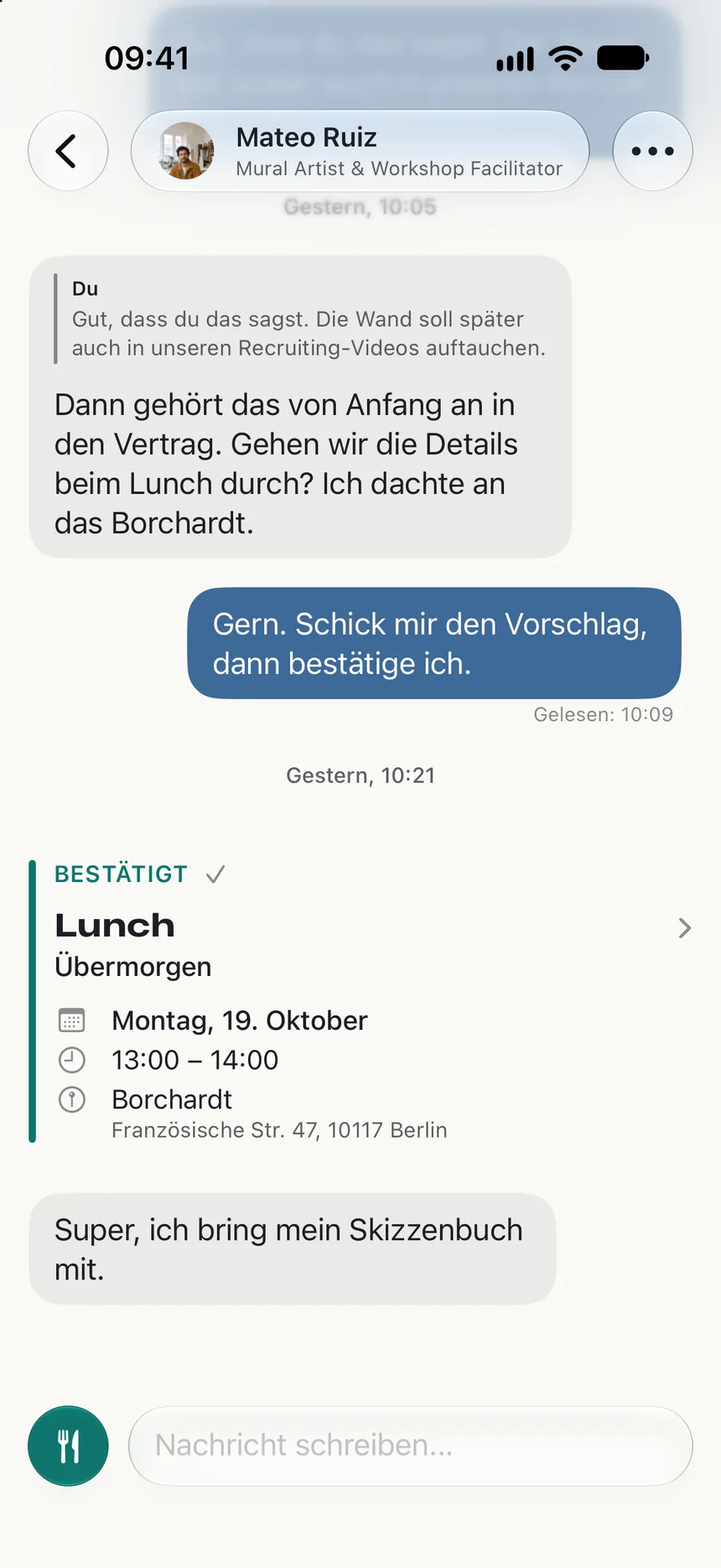 Chat mit Mateo Ruiz: Vorschlag, die Details zum Wandbild beim Lunch im Borchardt zu besprechen, und das bestätigte Lunch für morgen.