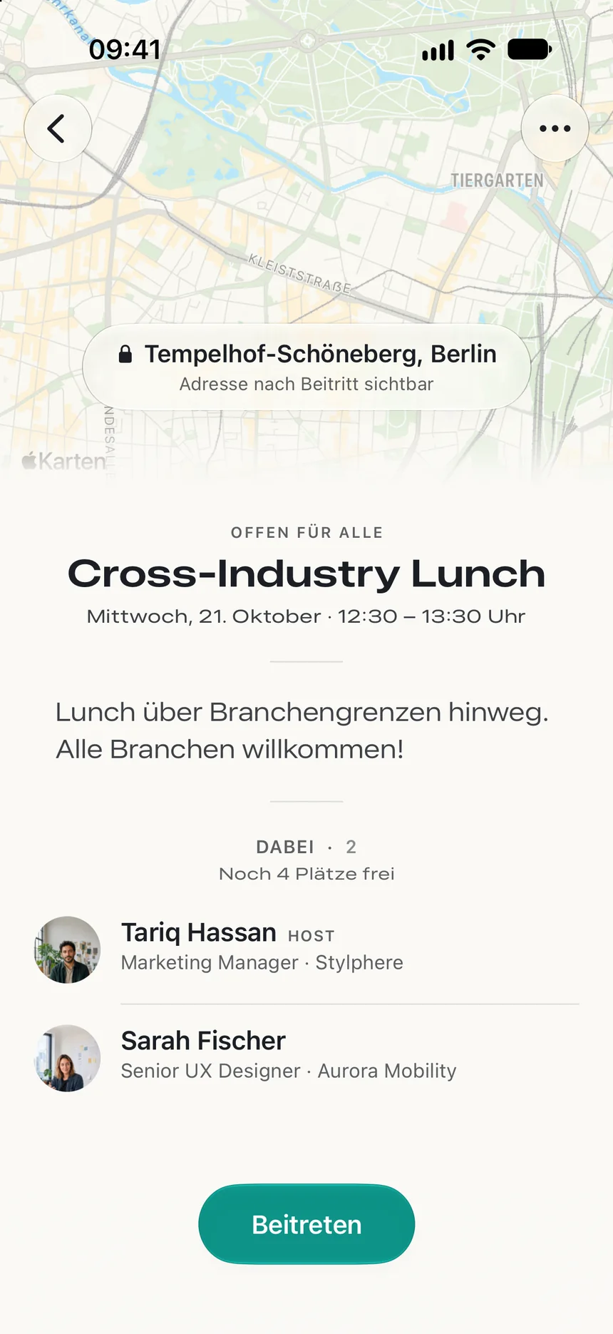 Vorschau des Cross-Industry Lunch: Gegend, Uhrzeit, freie Plätze und Teilnehmende vor dem Beitritt.