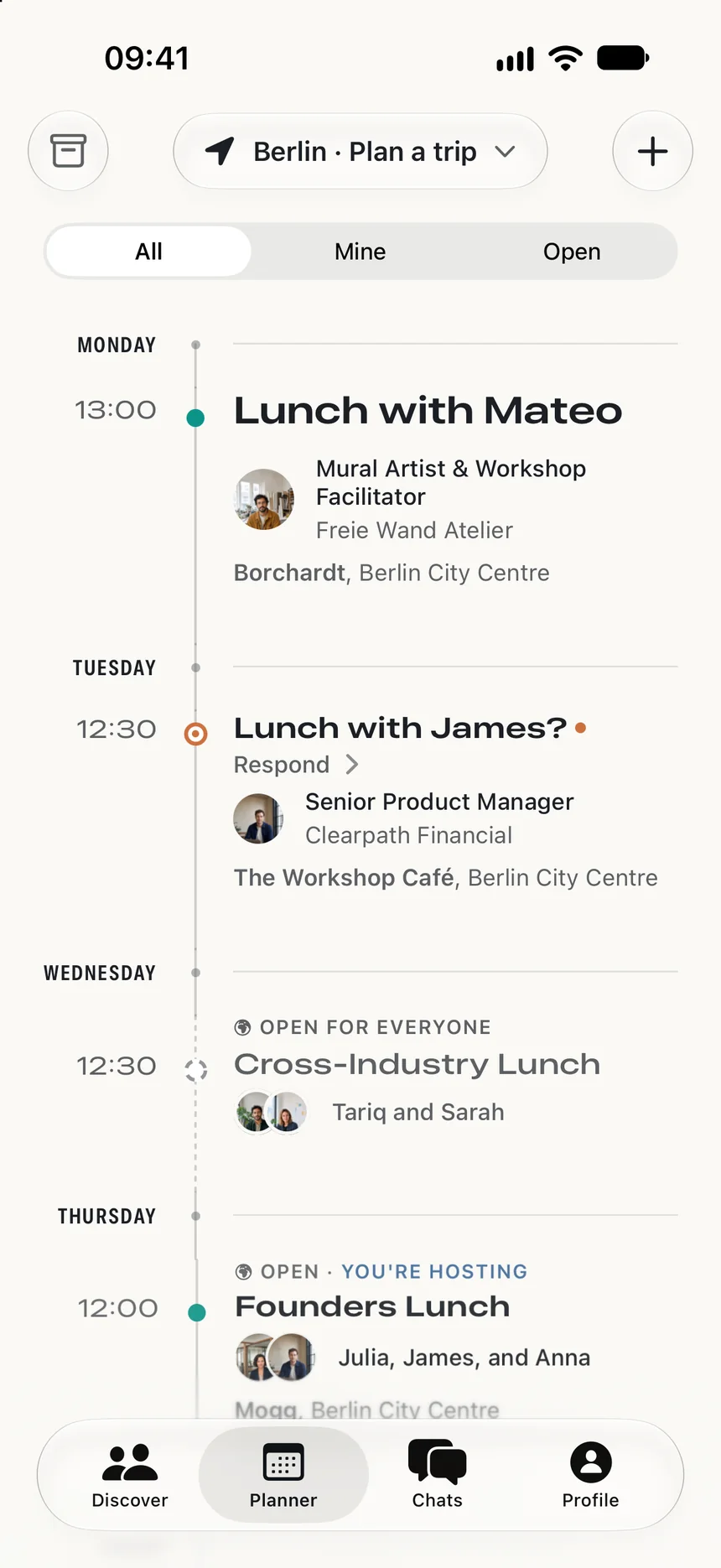 Planner: a confirmed lunch with Mateo, a suggestion from James, the open Cross-Industry Lunch and your Founders Lunch.