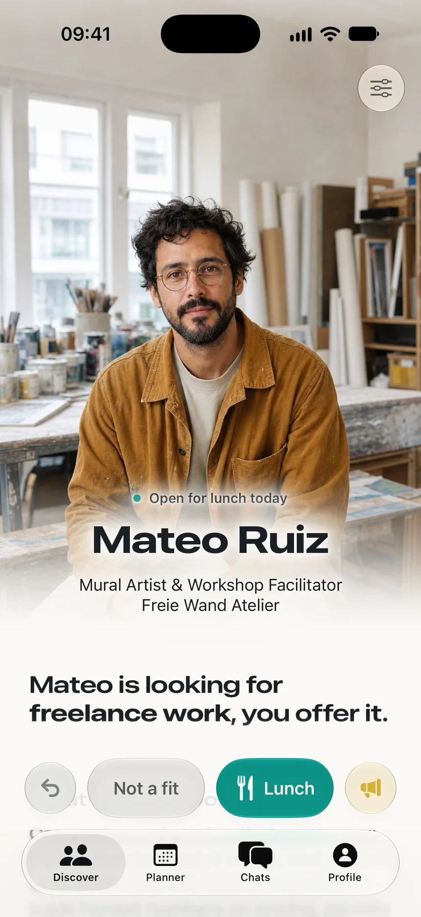 Discover showing Mateo Ruiz, Mural Artist & Workshop Facilitator at Freie Wand Atelier, labeled “Open for lunch today”, with the line “Mateo is looking for freelance work, you offer it.”