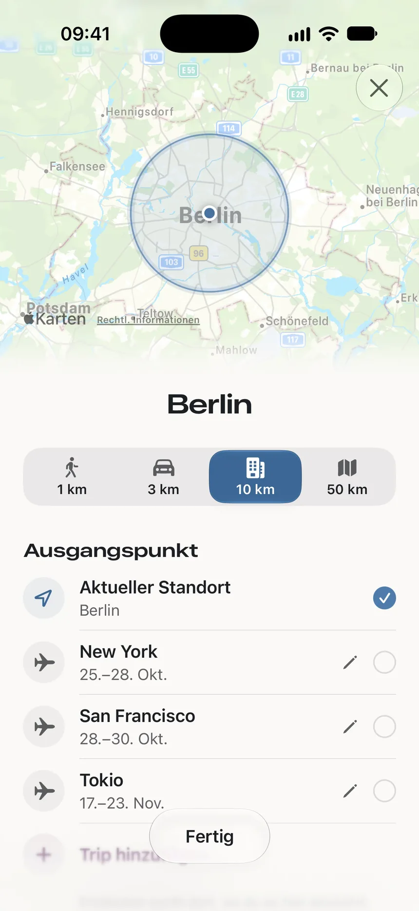 Filter: Der Ausgangspunkt wechselt vom aktuellen Standort Berlin zum Trip nach New York, die Karte fliegt über den Atlantik und zurück.