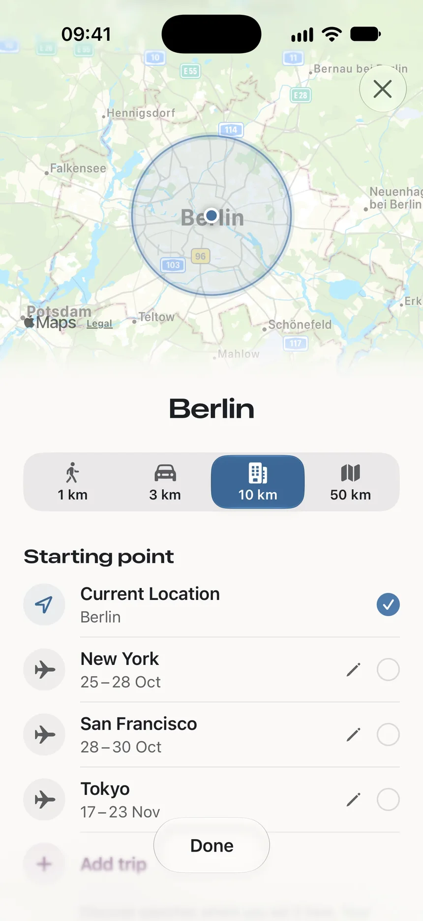 Filters: the starting point switches from your current location in Berlin to the New York trip, and the map flies across the Atlantic and back.