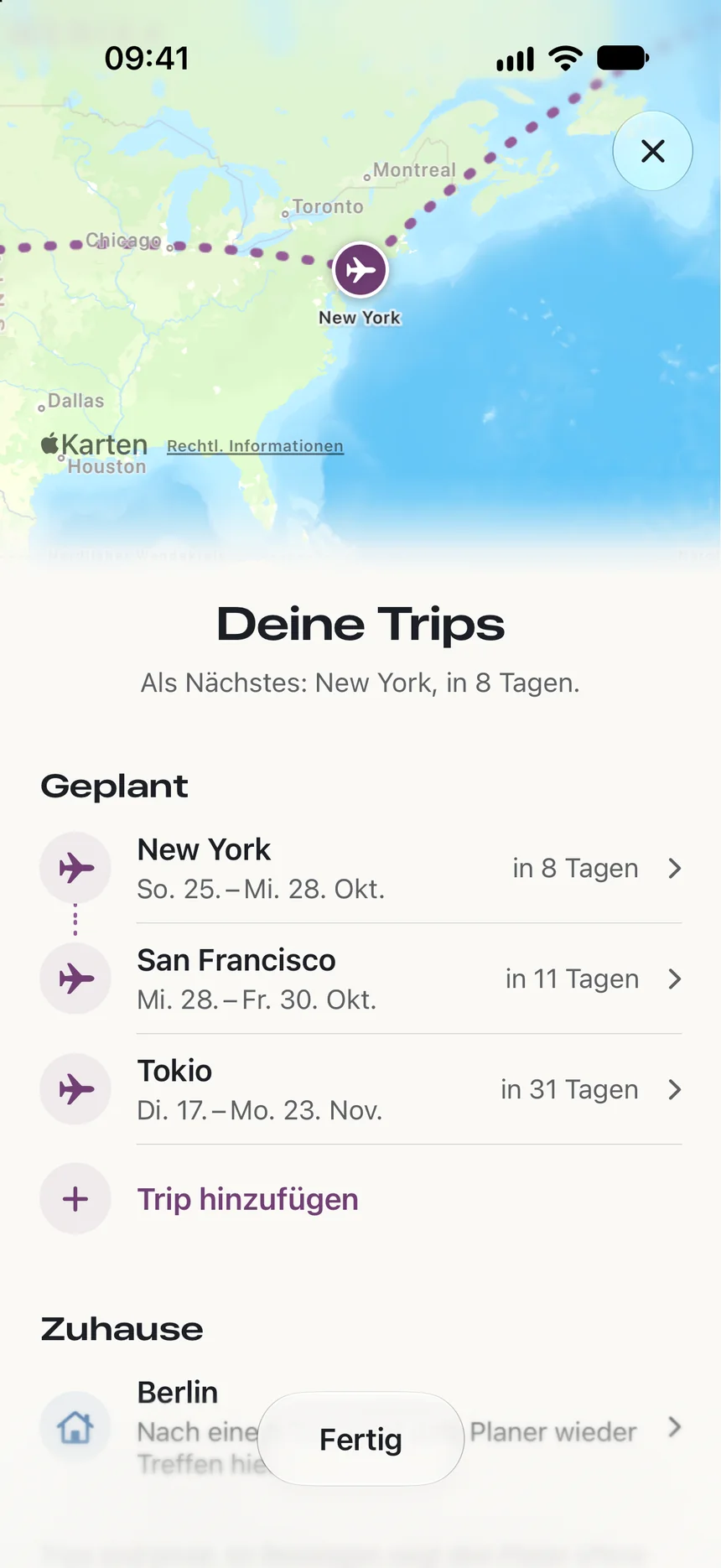 Deine Trips: Karte mit der Reiseroute nach New York und weiter nach San Francisco, darunter die geplanten Trips nach New York, San Francisco und Tokio und Berlin als Zuhause.