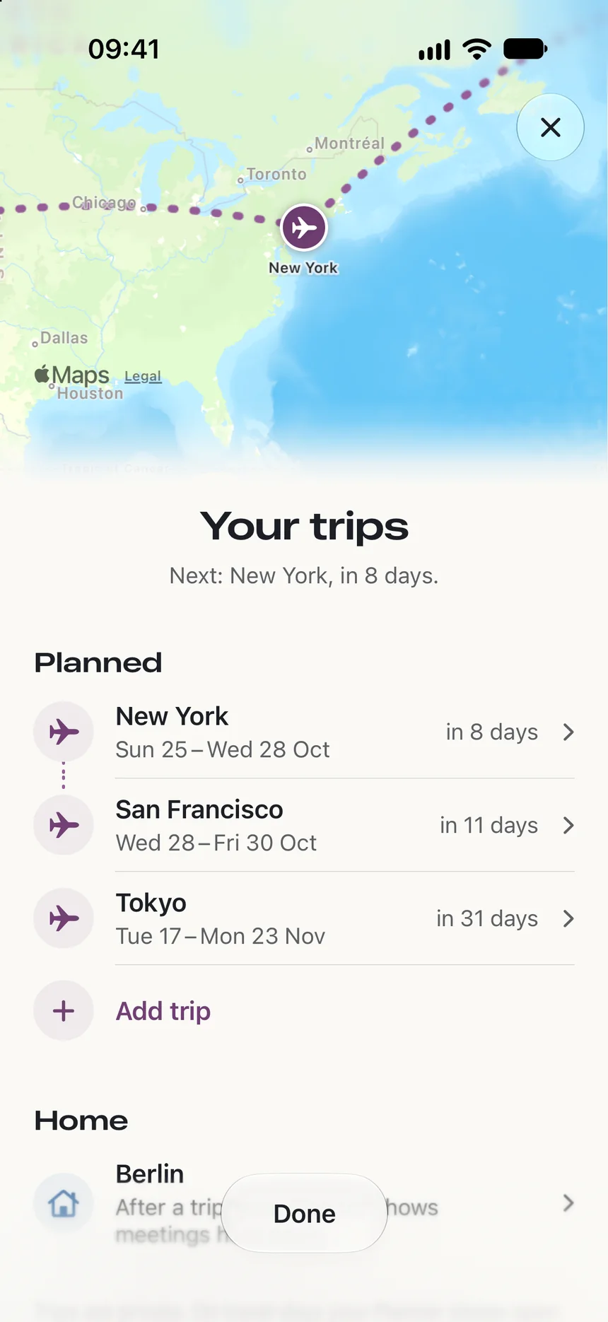 Your trips: a map of the route to New York and on to San Francisco, then the planned trips to New York, San Francisco and Tokyo, with Berlin as home.